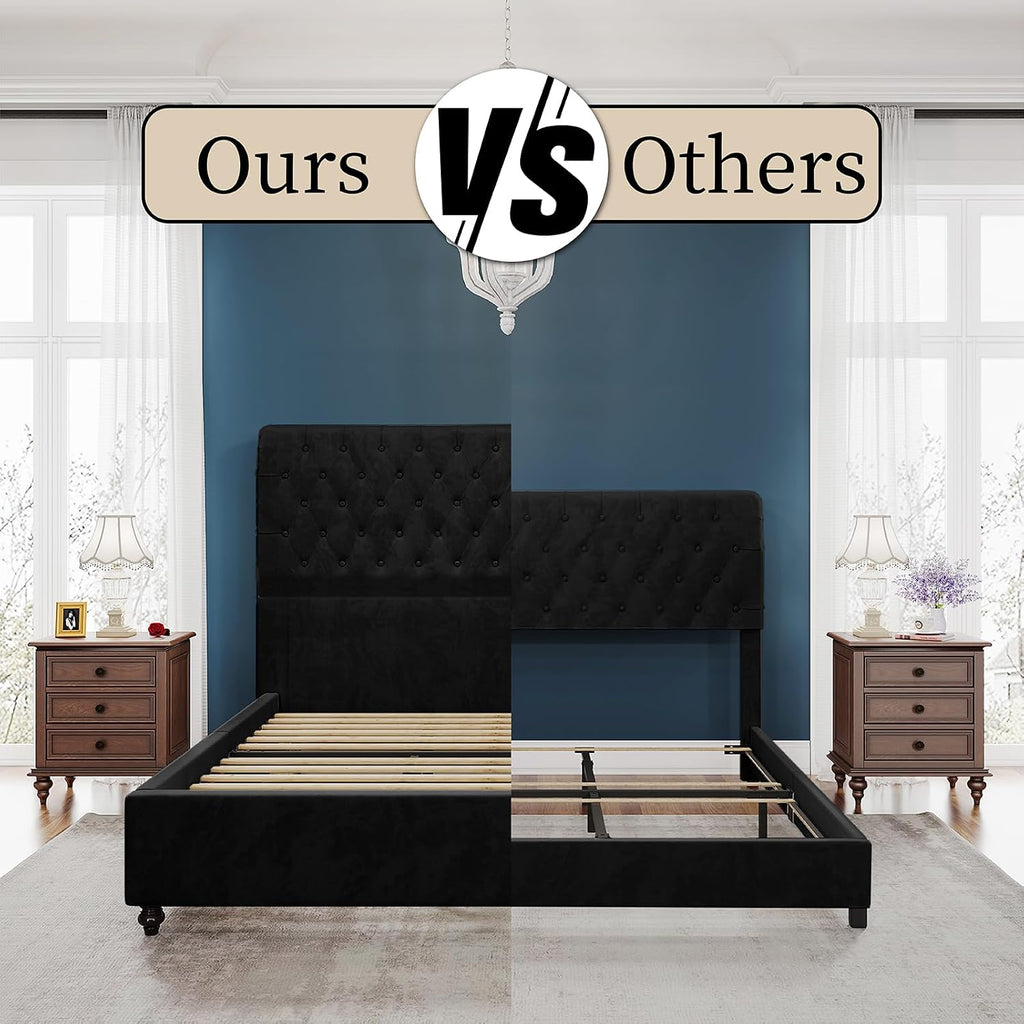 PaPaJet King Bed Frame Upholstered Platform Bed Frame with 53'' Tall Sleigh Headboard, Button Tufted, No Box Spring Needed, Easy Assembly, Black