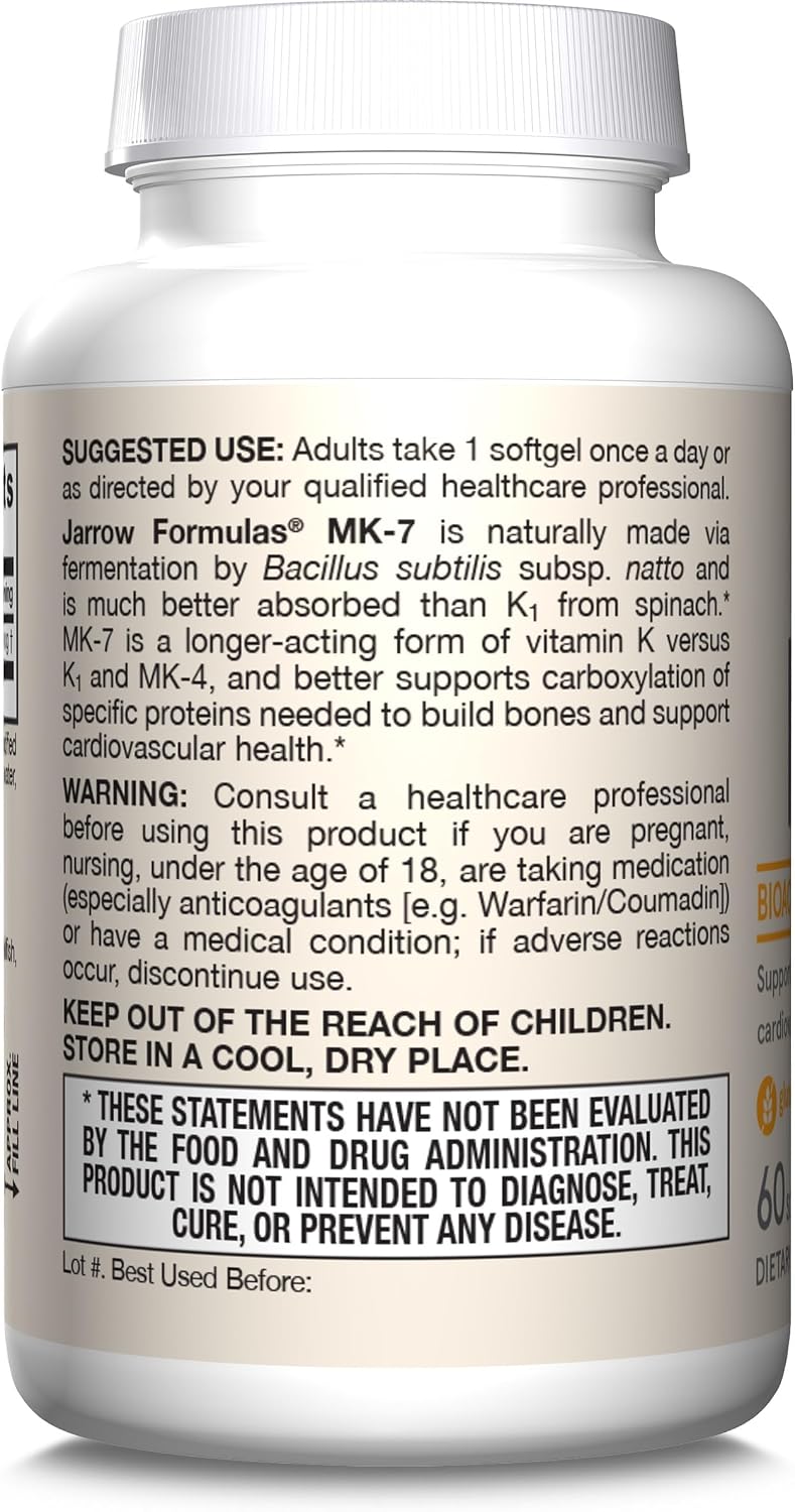 Jarrow Formulas MK-7 90mcg-Bioactive Form of VIT K2-60 Servings(Softgels)-for Bone & CV Health-VIT K2 MK-7 Dietary Supp-K2 VIT Supp MK-7-Gluten Free,12 Pack