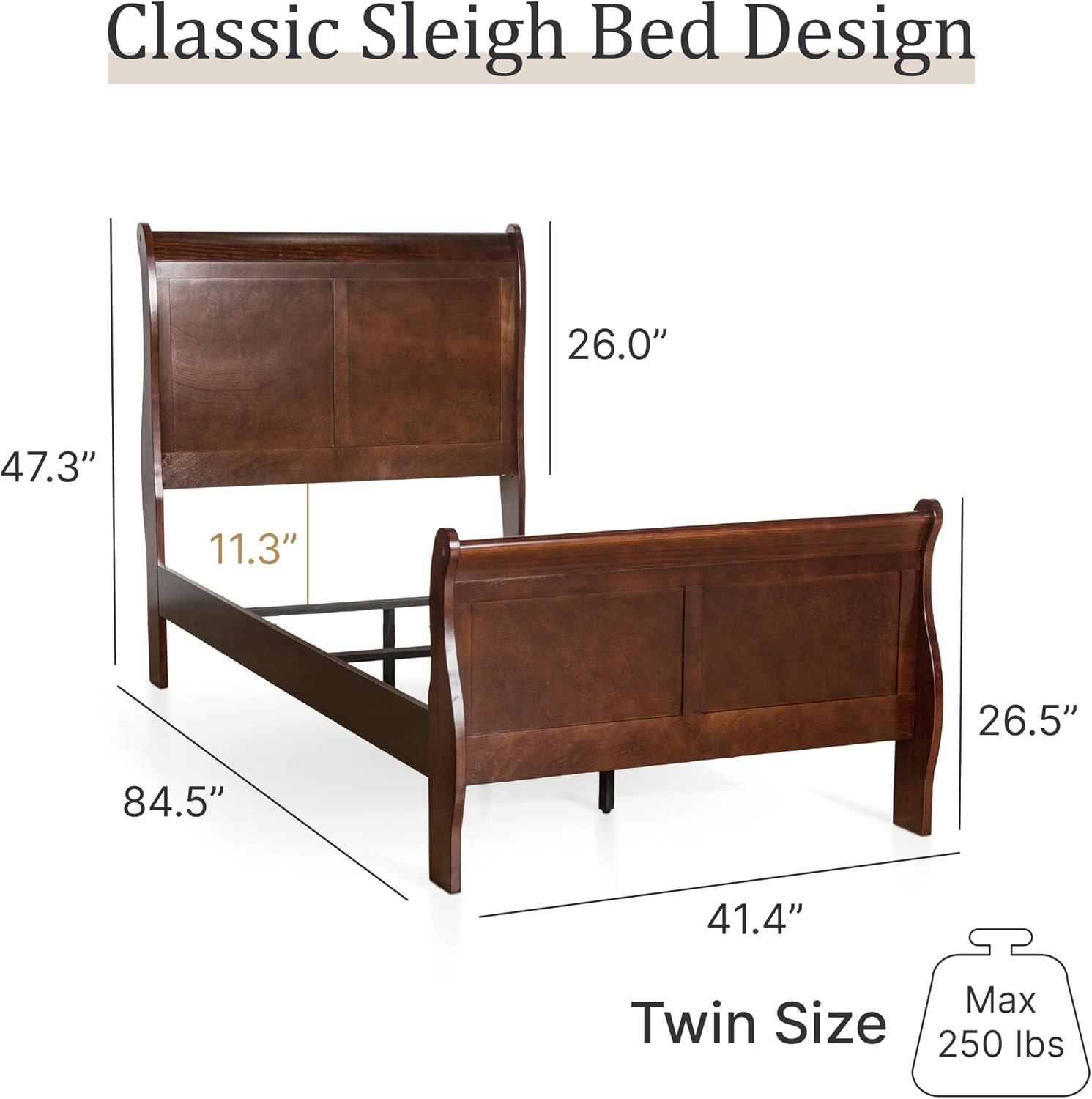 Furniture of America Louis Phillipe Traditional Solid Wood 3 Piece Bedroom Set, Twin Bed Frame and Nightstands Set of 2, Chic Sleigh Bedframe with Headboard and Footboard, Box Spring Needed, Cherry