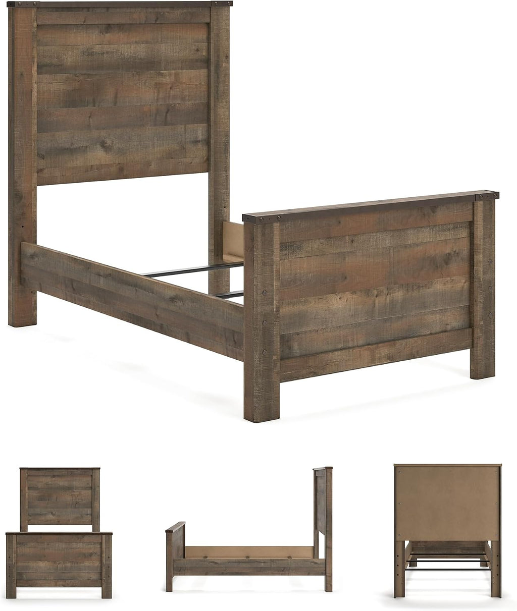 Signature Design by Ashley Trinell Casual Twin Panel Bed with Metal Slats and Nailheads, Foundation or Box Spring Needed, Dark Brown