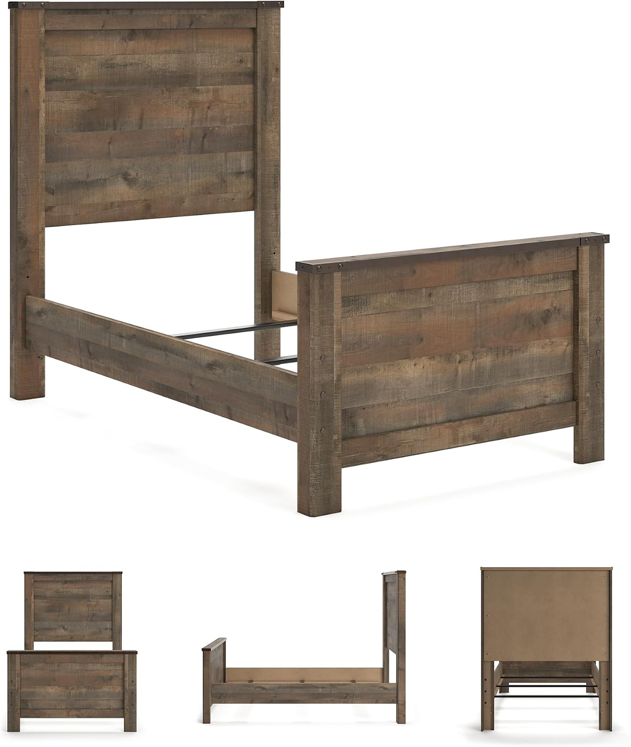 Signature Design by Ashley Trinell Casual Twin Panel Bed with Metal Slats and Nailheads, Foundation or Box Spring Needed, Dark Brown