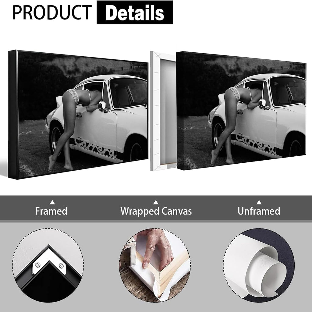 Vintage Supercar 911 Poster Sports Car Lover Canvas Wall Art Black And White Fashion Photography Sexy Women Prints Painting For Living Room Bedroom Apartment Wall Decor 24x36in Framed