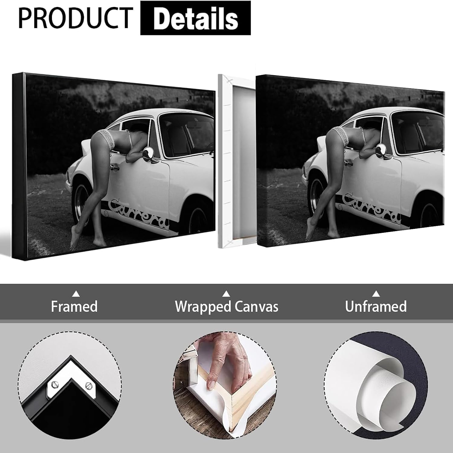 Vintage Supercar 911 Poster Sports Car Lover Canvas Wall Art Black And White Fashion Photography Sexy Women Prints Painting For Living Room Bedroom Apartment Wall Decor 24x36in Framed