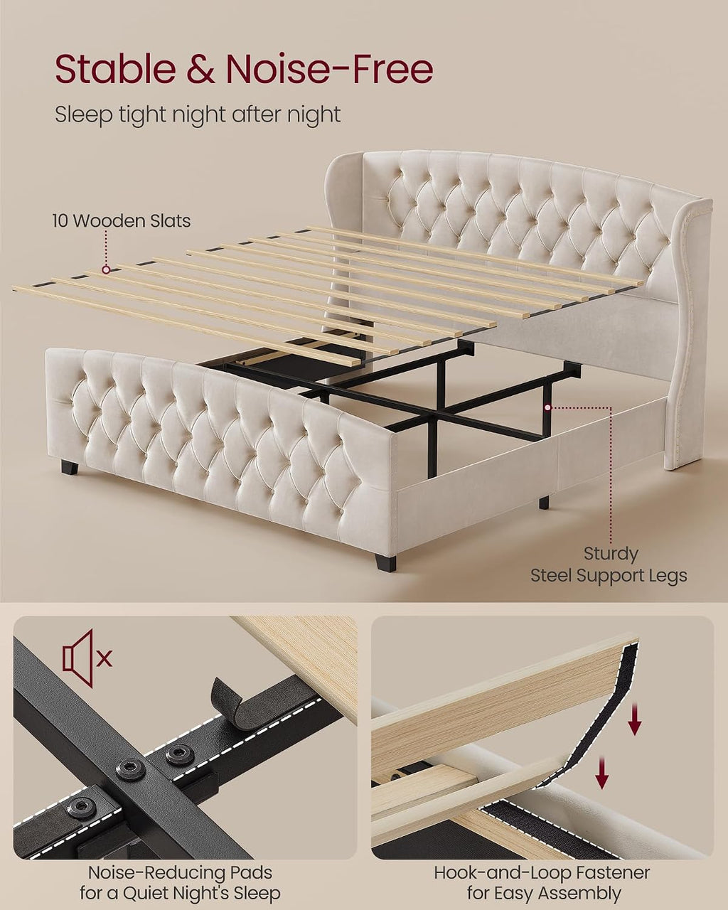 VASAGLE King Bed Frame with Tall Headboard, Upholstered Platform Bed Frame King Size, with Wingback Tufted Headboard and Footboard, Wooden Slats, No Box Spring Needed, Cappuccino Beige URMB884W01