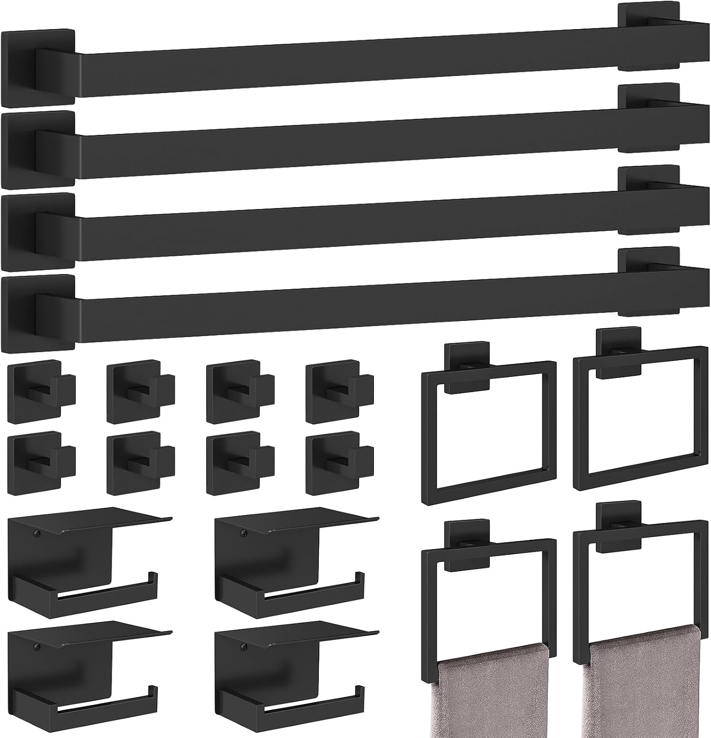 STWWO 20-Pieces Matte Black Bathroom Hardware Set, 24 Inch Bath Towel Bar Set, Stainless Steel Towel Racks for Bathroom Wall Mounted
