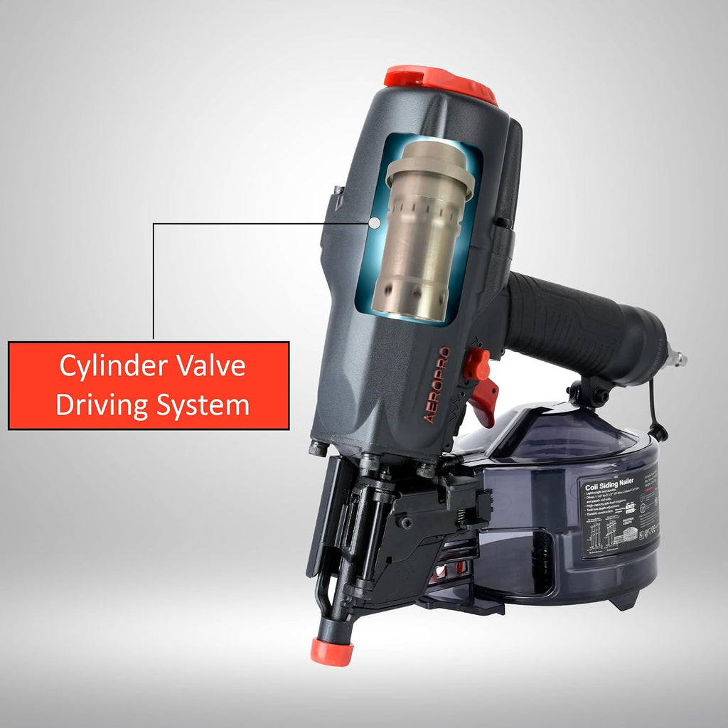 AeroPro CN65R 15 Degree 1-1/2″ to 2-1/2″ Pneumatic Coil Siding Nailer with Tool-less Depth Adjustment and Side Load, Tilt Bottom Magazine