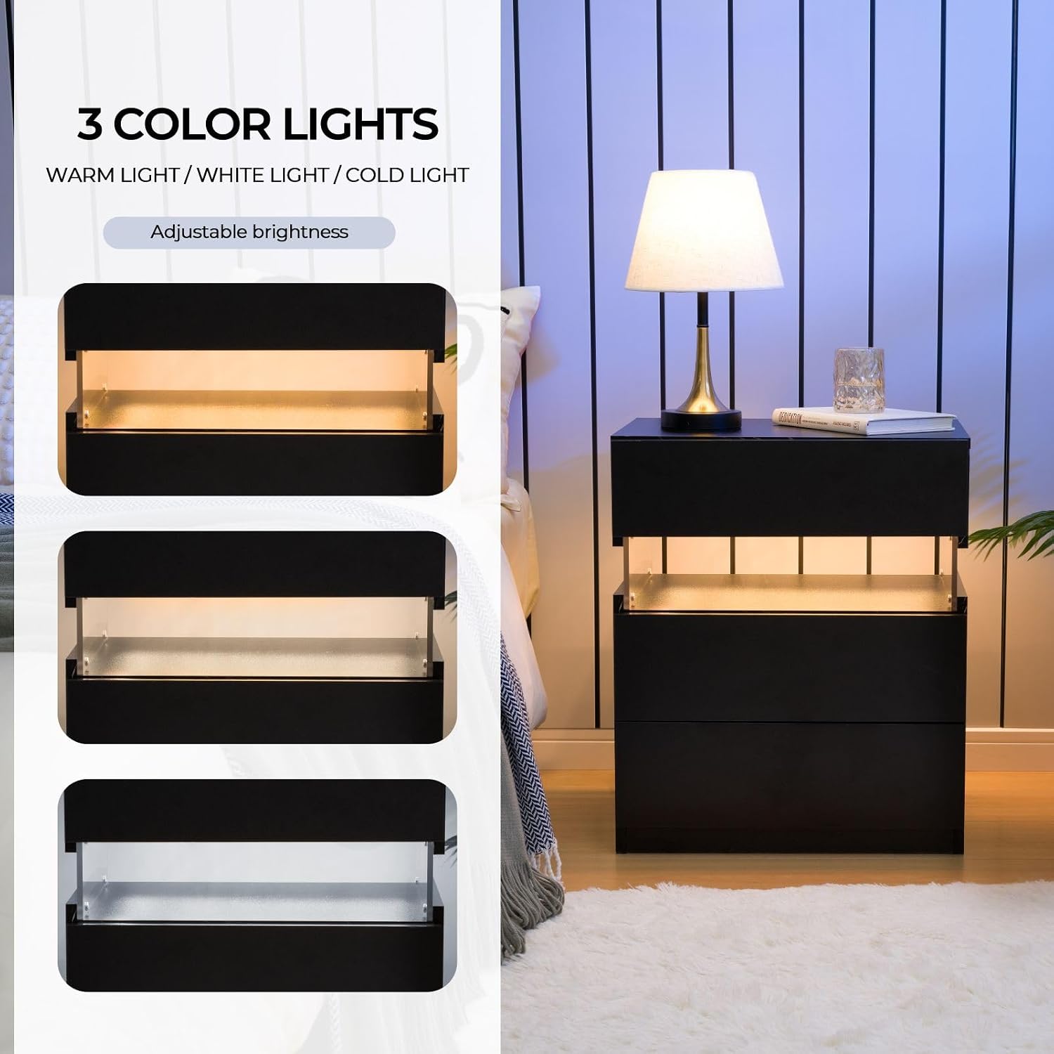 i-aplus Black LED Nightstand Set of 2,Night Stand Set 2,Modern Night Stand with 3 Drawers,Night Stands for Bedroom Set of 2,Bedside Table with Silent Slide Drawer