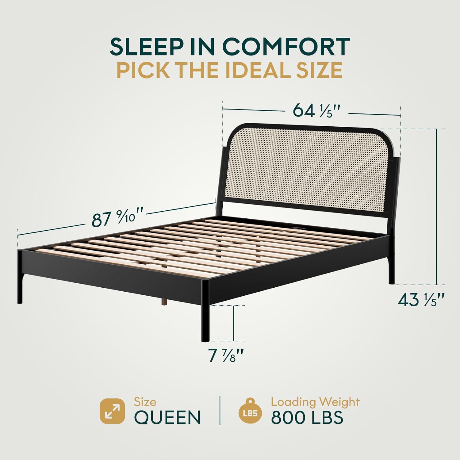 Bme Aurelia Headboard Queen Size Bed Frame, Solid Acacia Wood, Boho & Mid-Century Modern Style, Rattan Headboard, US Patent Pending Design, Slat Support and No Box Spring Needed, Easy Assembly, Black