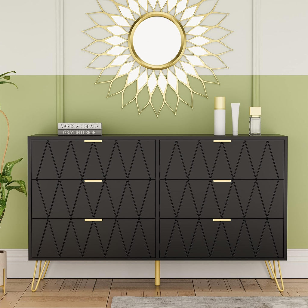 Anbuy Bedroom Sets 3 Piece Black 6 Drawer Dresser and Night Stand Sets for Bedroom, Two Drawers Nightstand Set of 2 & 6 Drawer Dresser Combo 3 Pieces (Black)