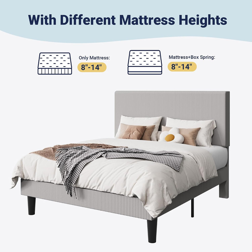 Allewie Full Size Upholstered Bed Frame with Vertical Channel Tufted Headboard, Soft Corduroy Fabric Platform Bed, Strong Wooden Slats Support, Easy Assembly, No Box Spring Needed, Light Grey