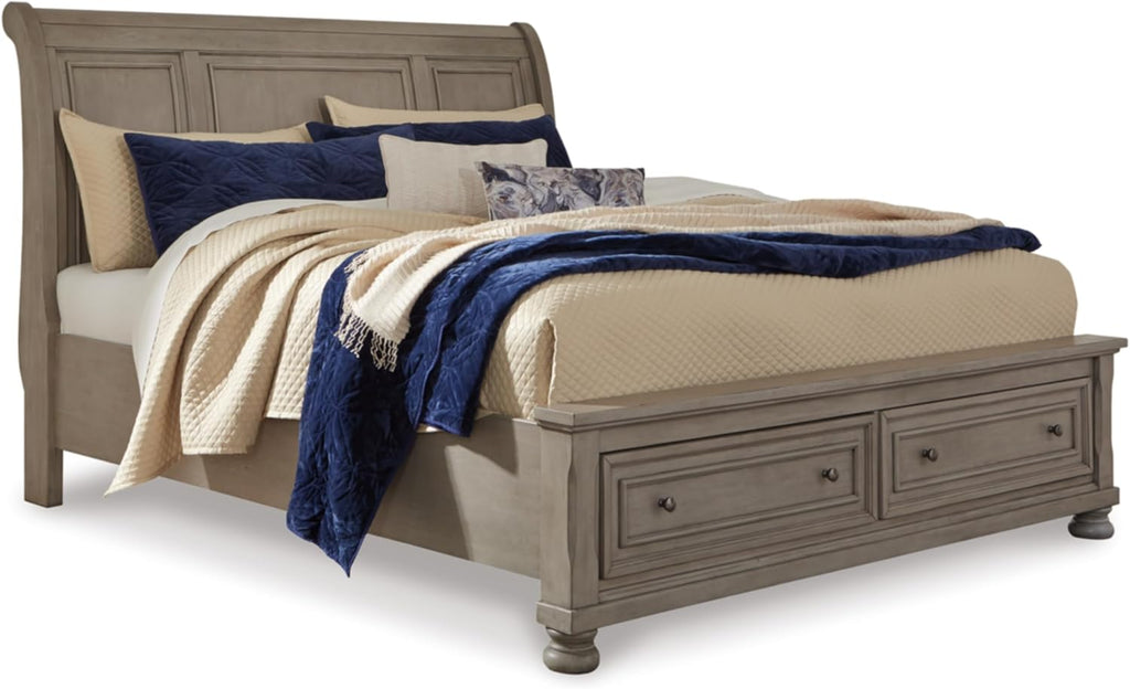 Signature Design by Ashley Lettner Traditional King Sleigh Platform Bed with 2 Drawers, Foundation or Box Spring Not Needed, Light Gray
