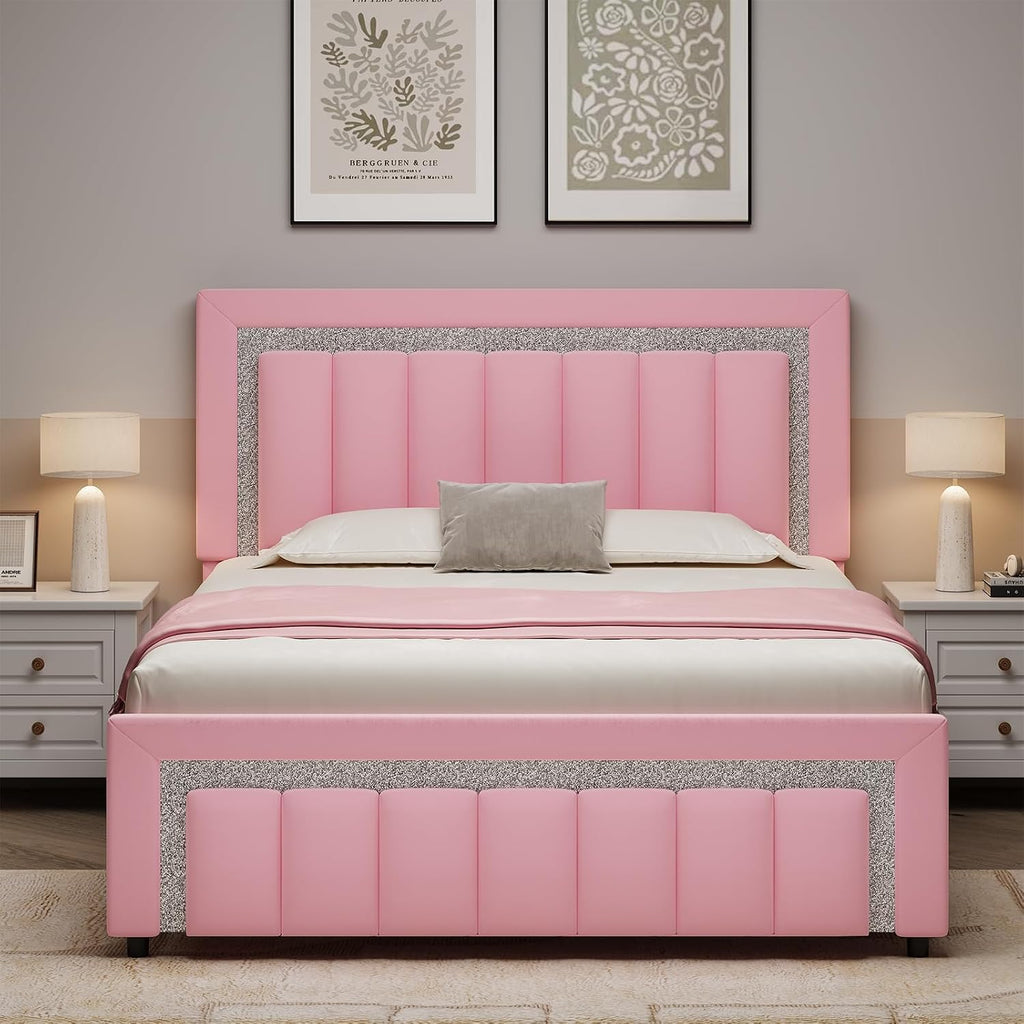 HOMBCK Queen Size Bed Frame with LED Lights and Velvet Adjustable Headboard, Queen Size Bed Frames with Diamond Headboard & Footboard, Wooden Slats Support, Noise Free, No Box Spring Needed, Pink