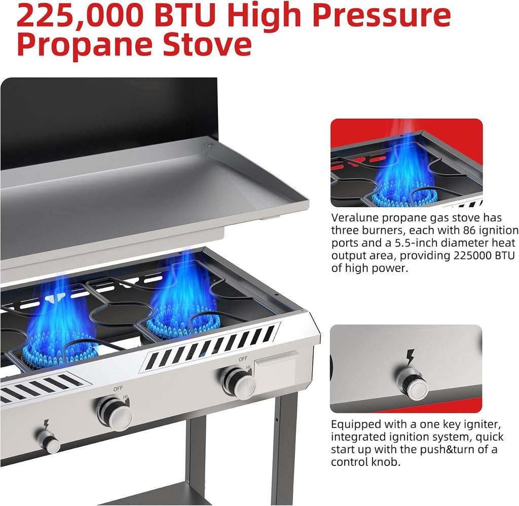 Veralune 2 in 1 Flat Top Gas Grill with Lid, Propane Gas Griddle, Outdoor Griddle Grill, Folding Side Shelves, Push-Button Ignition, Large Cooking Area