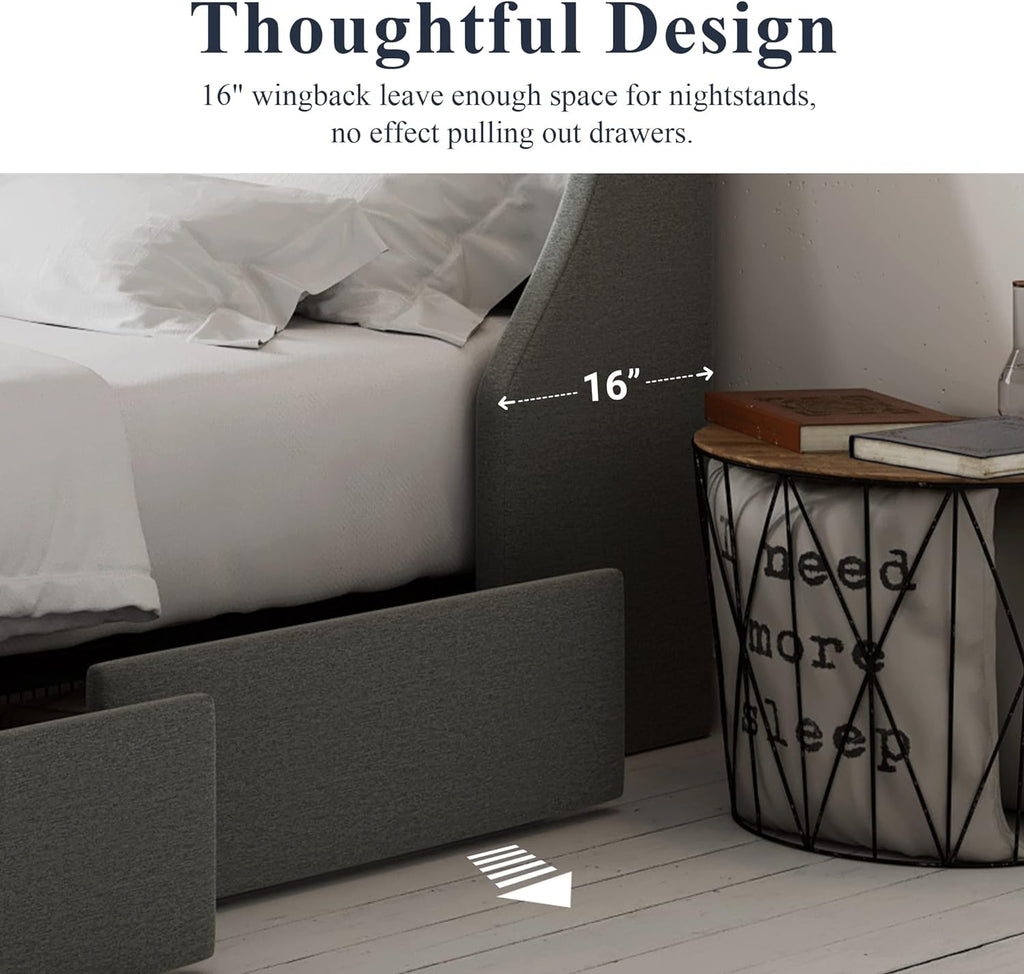 Allewie Queen Bed Frame with 4 Storage Drawers and Wingback Headboard, Button Tufted Design, No Box Spring Needed, Light Grey