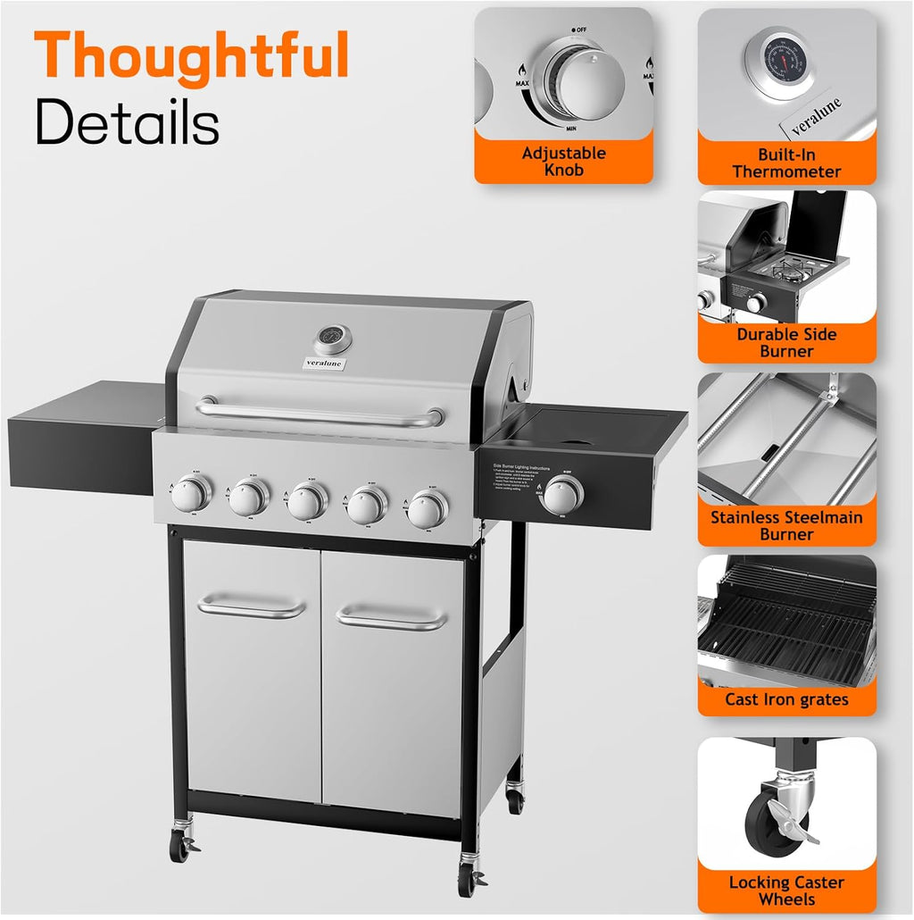 Veralune 5 Burner Propane Gas Grill with Side Burner, 5 Burner Outdoor Cooking Grill, BBQ Gas Grill, 68,000 BTU Heavy-Duty, Stainless Steel, Electronic Ignition System, Built-in Thermometer