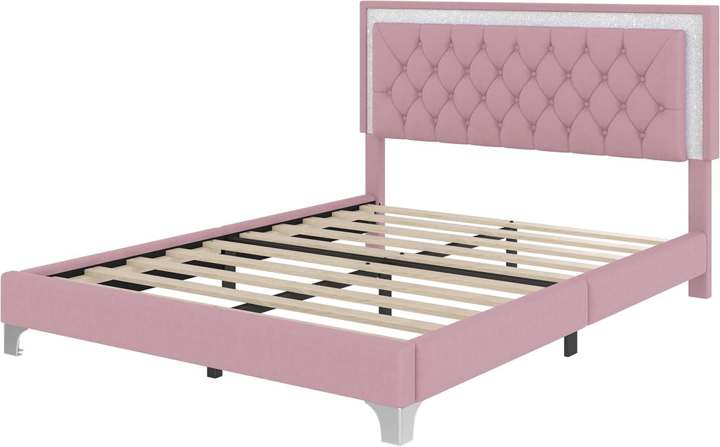 Flieks Bedroom Sets, 3-Pieces Bedroom Sets, Queen Size Upholstered Platform Bed with LED Lights and 2 Nightstands, Pink