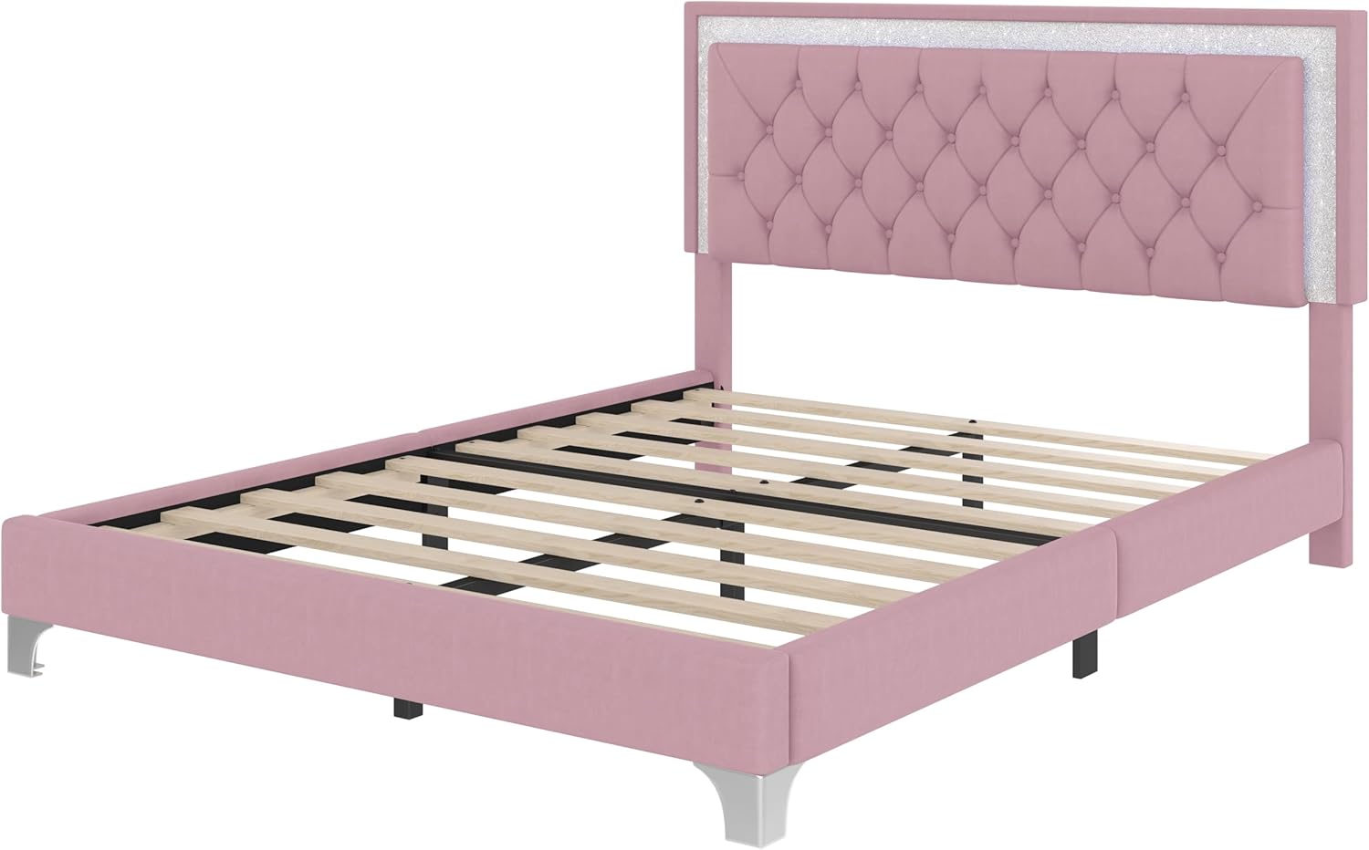Flieks Bedroom Sets, 3-Pieces Bedroom Sets, Queen Size Upholstered Platform Bed with LED Lights and 2 Nightstands, Pink