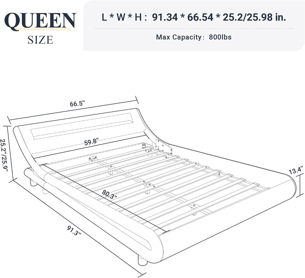 Allewie Queen Size LED Platform Bed Frame with Adjustable Headboard/No Box Spring Need/Easy Assembly/Faux Leather in Grey