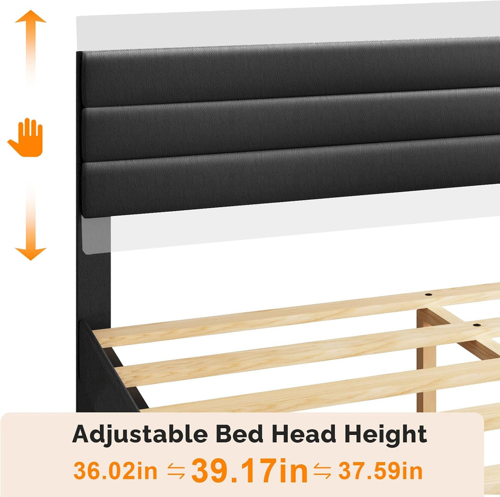 VINGLI Upholstered Bed Frame Queen, Faux Leather Platform Bed with Adjustable Headboard, Wood Mattress Foundation with Heavy Duty Slats Support,Luxury Modern,No Box Spring Needed, Black