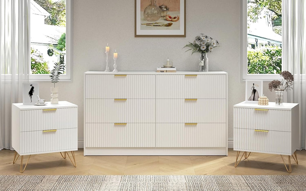 Dresser and Nightstand Sets, 6 Drawer Dresser Set for Bedroom 3 Piece, 55' Wide Wooden Fluted White Dressers W/Metal Handle & Night Stand Set of 2, Modern Bedroom Furniture Sets, White