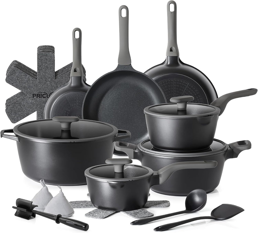 PRICUSIS Pots and Pans Set Nonstick, 21Pcs Induction Compatible, Stay Cool Handle, Fully Coated, 100% Dishwasher Safe, PFOA Free Omelet Pans, Warp Resistant (Black Sesame)
