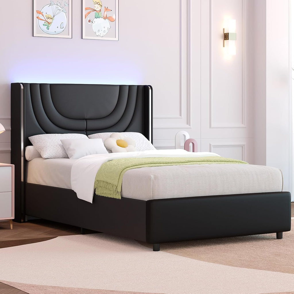 REVOMINCA Twin Bed Frame with LED Lights, Faux Leather Upholstered Platform with Silver Wingback Headboard, Modern Style, No Box Spring Needed, Easy Assembly, Black