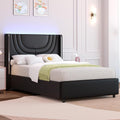 REVOMINCA Twin Bed Frame with LED Lights, Faux Leather Upholstered Platform with Silver Wingback Headboard, Modern Style, No Box Spring Needed, Easy Assembly, Black