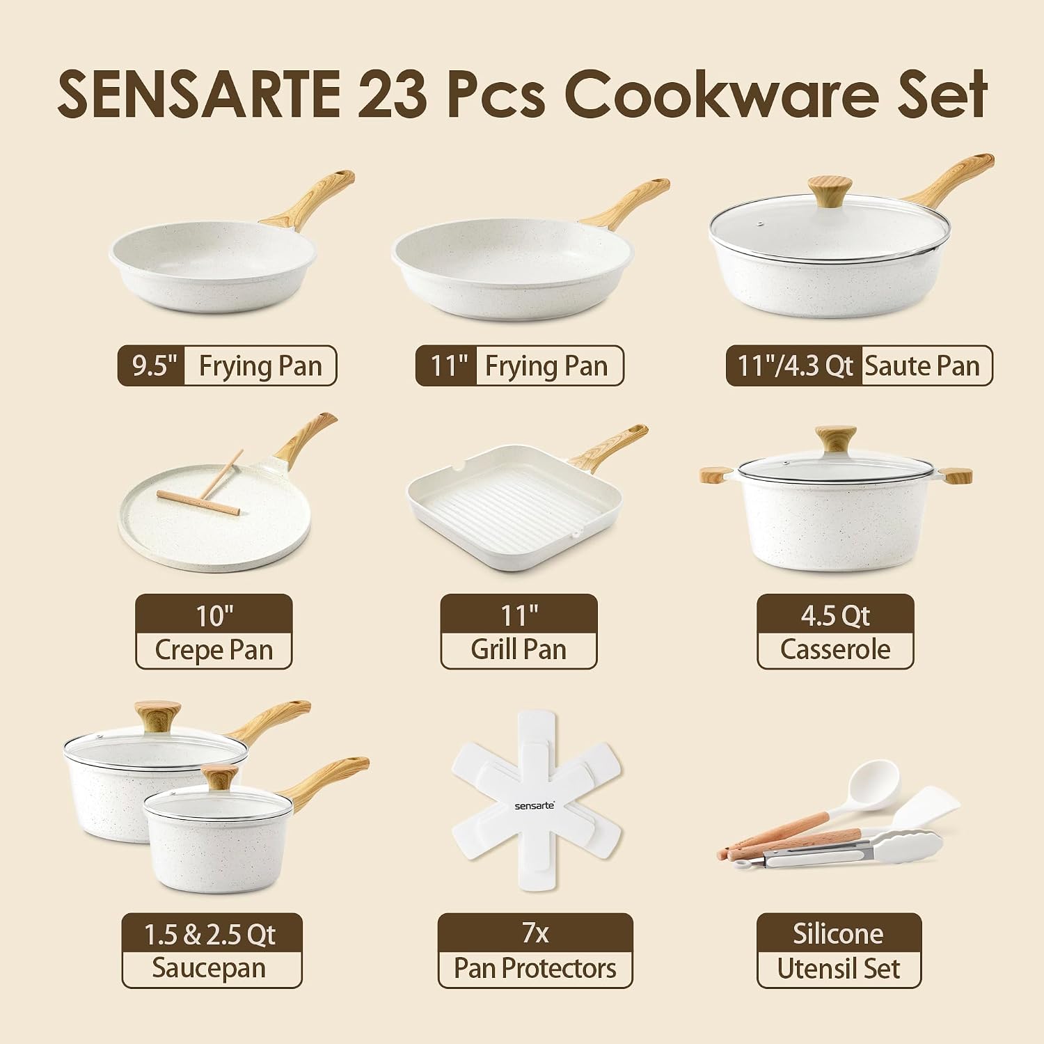 SENSARTE Nonstick Ceramic Cookware Set, 23 PCS Pots and Pans Non Toxic, PFAS & PFOA Free, Non Stick Healthy Kitchen Cooking Set with Stay-Cool Handles, White