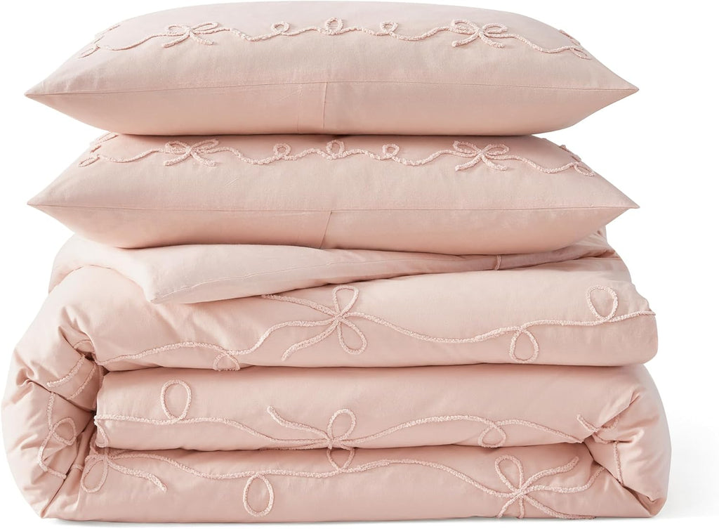 Peri Home Bows Bedding Cottage Core 100% Cotton 3-Piece Comforter and Sham Set, Full/Queen, Blush Sasha Bows