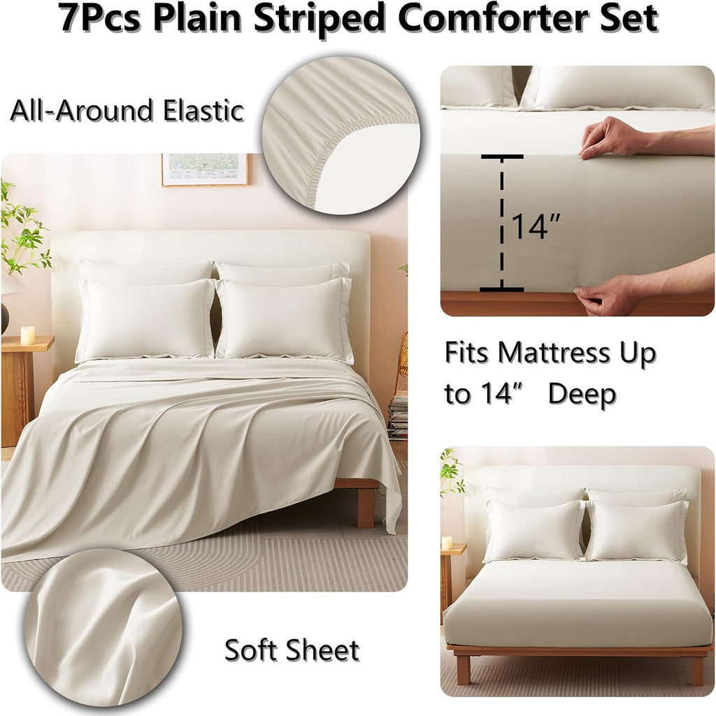 CozyLux Super King Plus Comforter Set Beige - 7 Pieces Bed in a Bag, Modern Vertical Quilted Room Decor, Soft All-Season Bedding Gift with Comforter, Sheets, Pillowcases & Shams