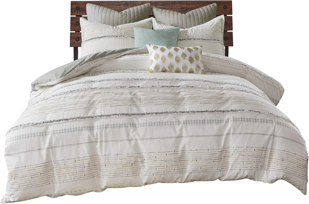 INK+IVY Luxurious Cotton-Bedding Set - Mid Century Trendy Geometric Design, All Season Cozy-Cover With Matching-Shams, King/Cal King, Nea Trims Grey/Multi