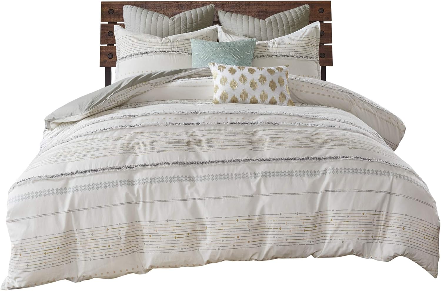 INK+IVY Luxurious Cotton-Bedding Set - Mid Century Trendy Geometric Design, All Season Cozy-Cover With Matching-Shams, King/Cal King, Nea Trims Grey/Multi