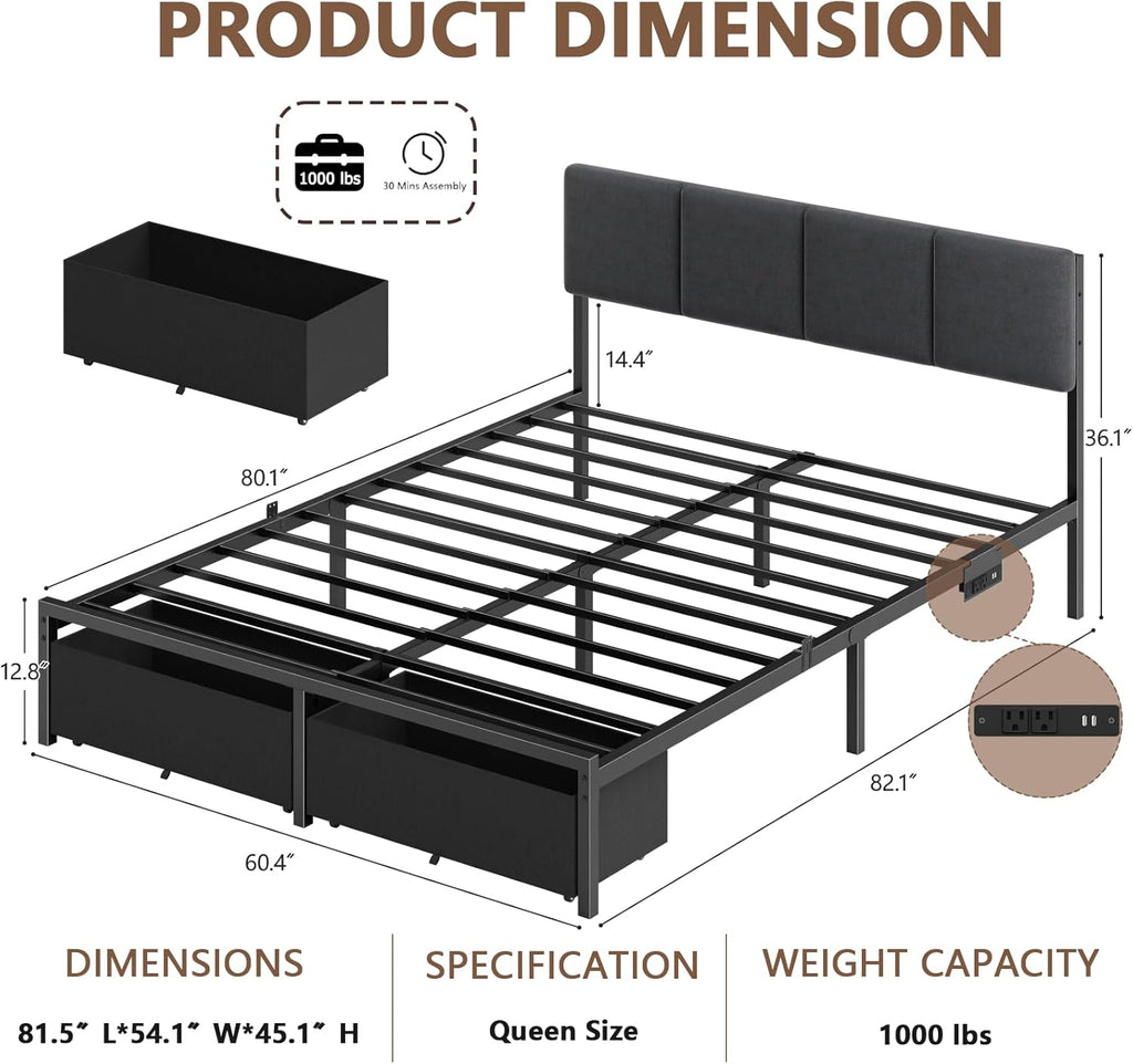 Furnulem Queen Bed Frame with Adjustable Headboard, Upholstered Bed with 2 Storage Drawers, Built-in USB Charging Station & LED Lights, Platform Bedframe with Metal Slats, No Spring Box Needed, Grey