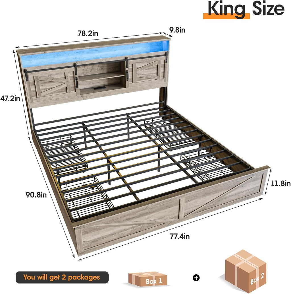 Fameill Farmhouse King Size Bed Frame with 4 Drawers and Bookcase Headboard, Sliding Barn Door Storage Shelves, LED Lights and Charging Station, No Box Spring Needed, Grey