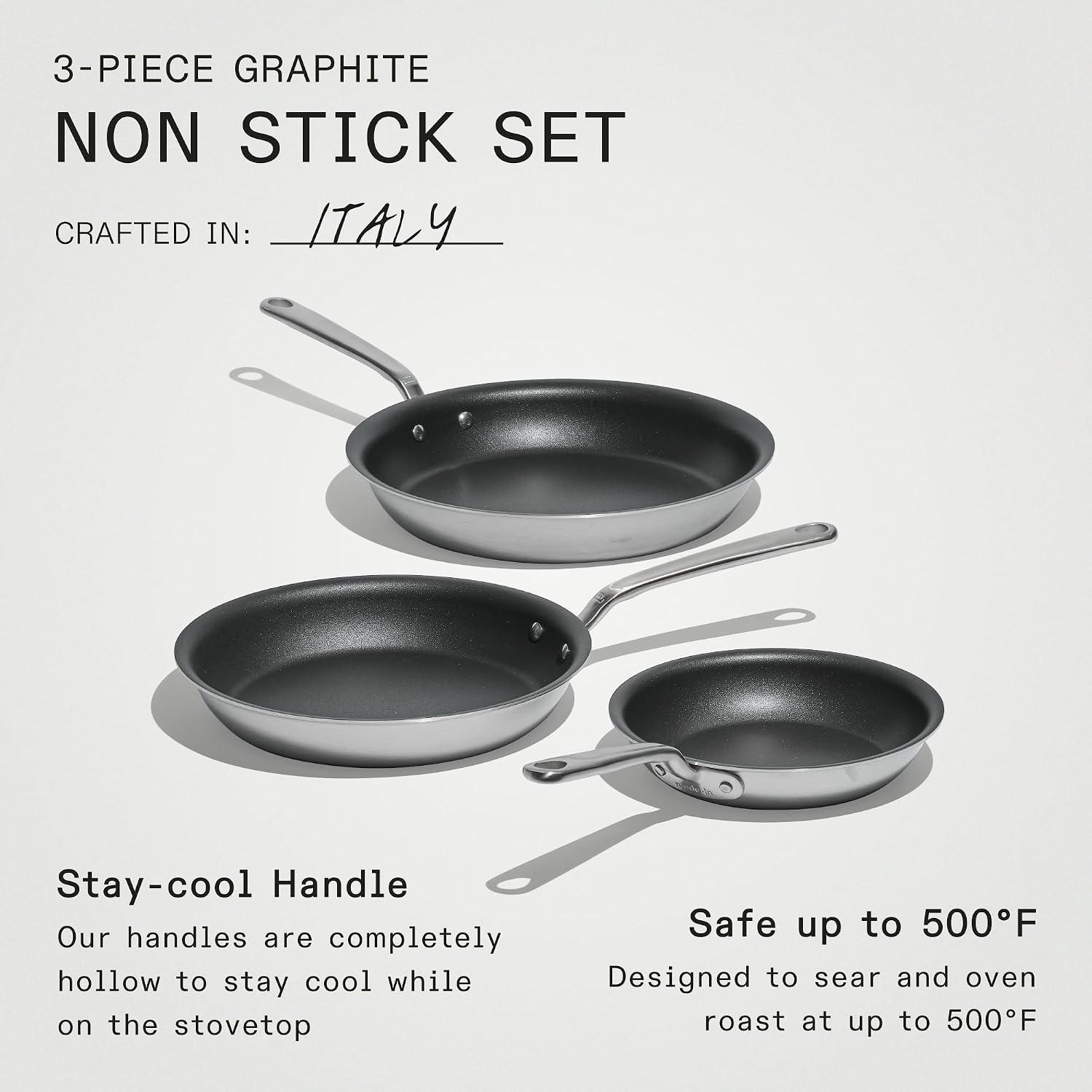 Made In Cookware | ProCoat Non Stick 3 Piece Frying Pan Set (Includes 8', 10', 12') | 5 Ply Stainless Clad | Professional Cookware | Crafted in USA | Induction Compatible | (Graphite)