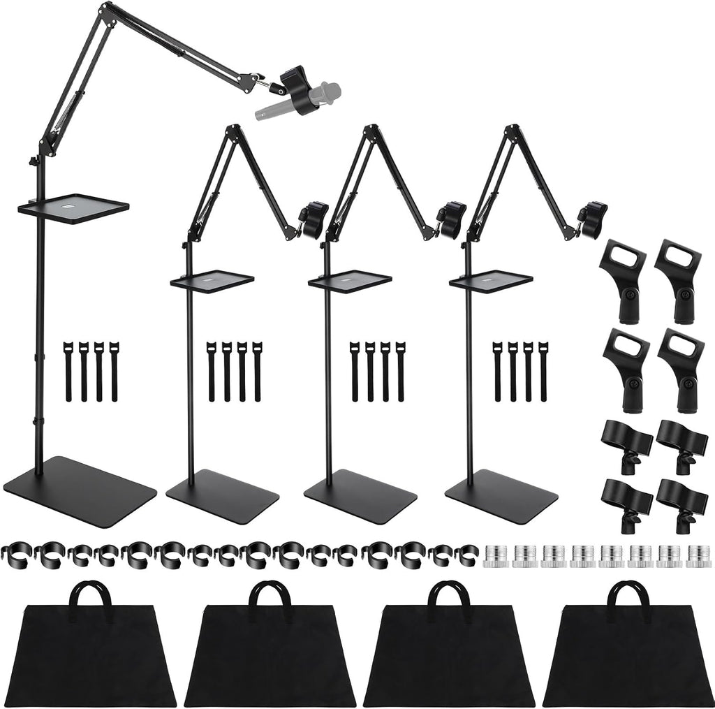 Relaxweex 4 Set Microphone Stands with Weighted Bases Boom Arm Floor Mic Stand with Tray Microphone Clip Carrying Bag 3/8' to 5/8' Screw Adapter and Cable Ties for Singing Stage Wedding Karaoke Band