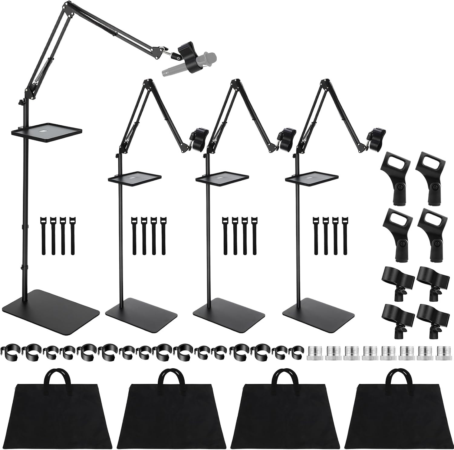Relaxweex 4 Set Microphone Stands with Weighted Bases Boom Arm Floor Mic Stand with Tray Microphone Clip Carrying Bag 3/8' to 5/8' Screw Adapter and Cable Ties for Singing Stage Wedding Karaoke Band