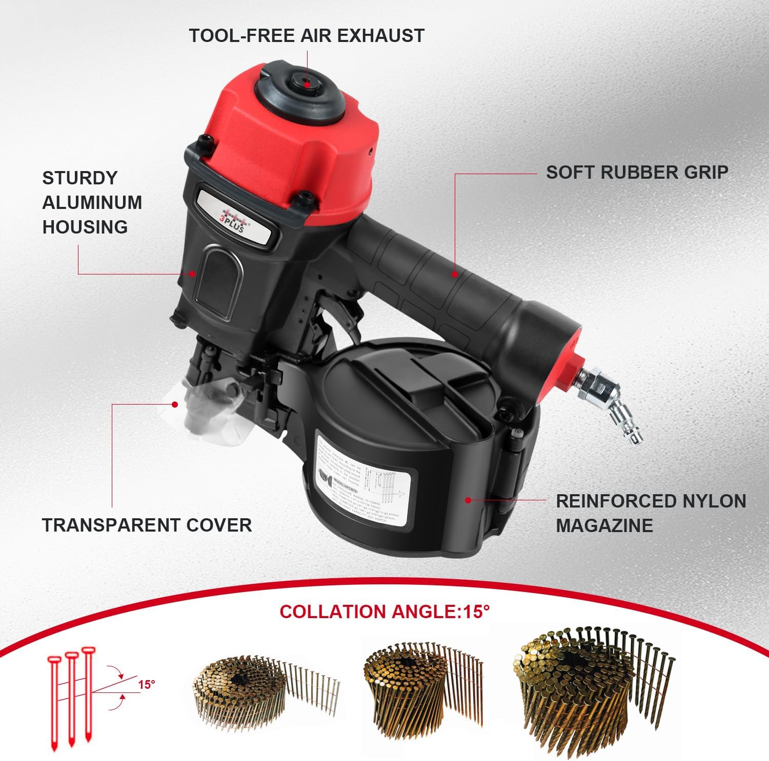 3PLUS HCN55SP Pneumatic Coil Pallet Nailer Professional Air Nail Gun Accepts 15 Degree 1-Inch to 2-1/4-Inch Wire Collated Nails