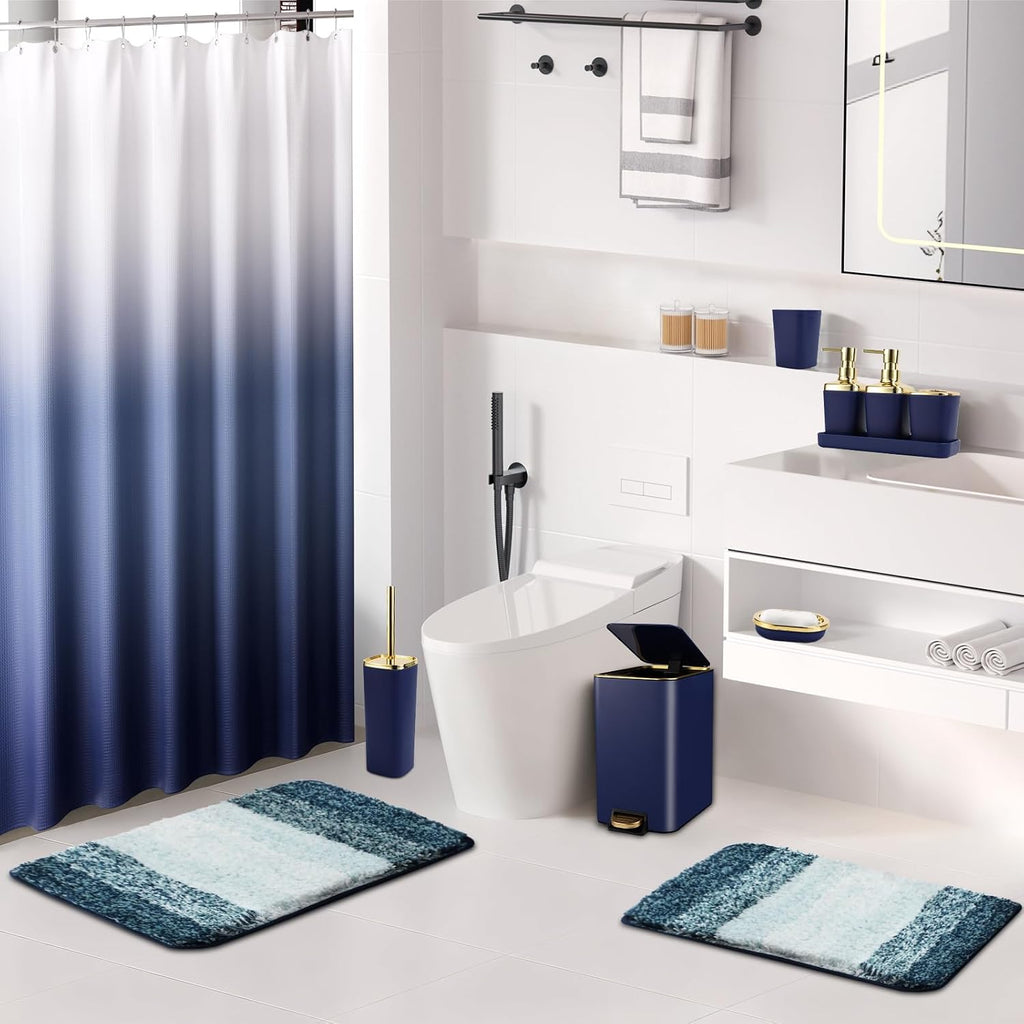 Bathroom Sets with Shower Curtain and Rugs Bathroom Accessories Set Navy Blue Bathroom Set,Soap Dispenser & Toilet Brush Holder Set with Stainless Steel Trash Can(23 PCS)
