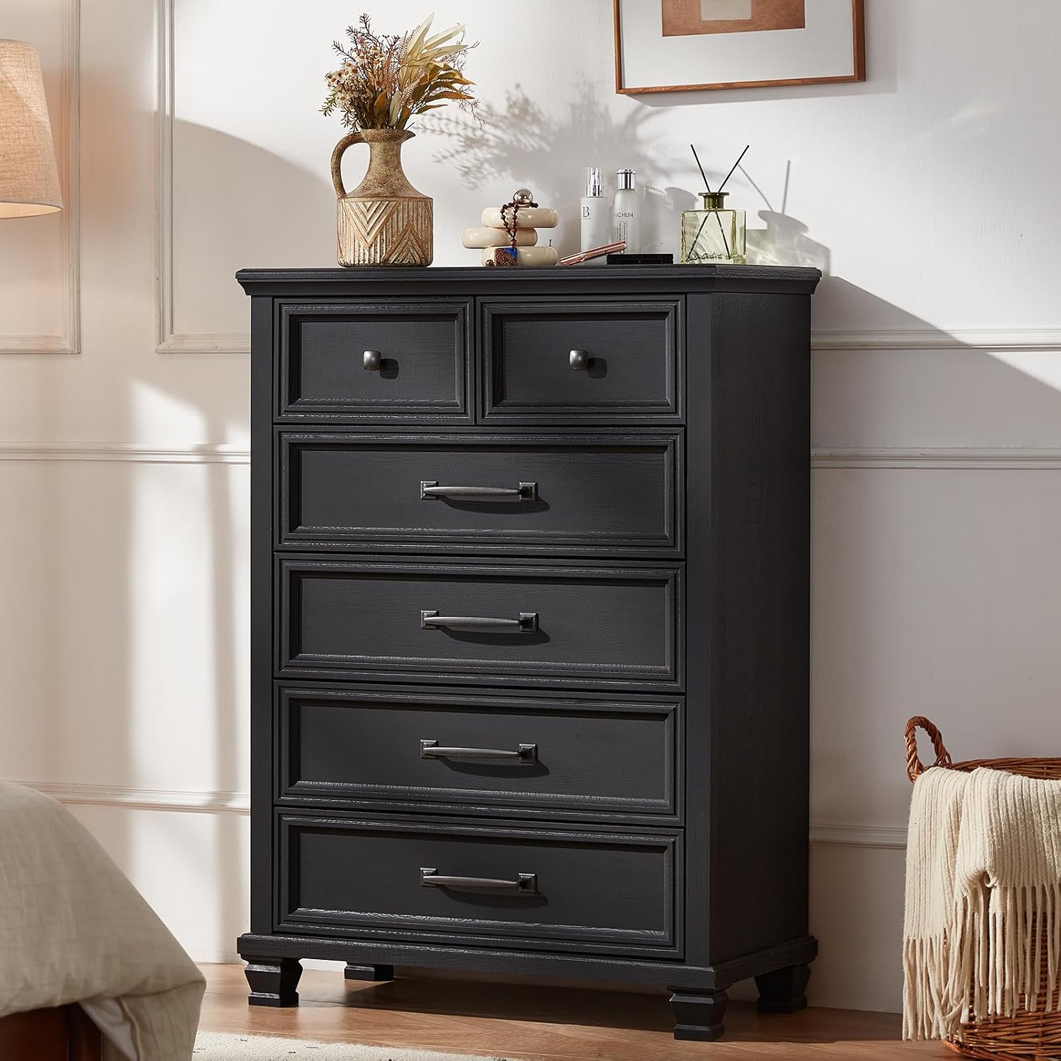 SAVOR LIFE Farmhouse Bedroom Dresser and Nightstand Set of 4, 6 Drawer Tall & 5 Drawers Dresser & 2 Drawer Nightstand Set, Rustic Wood Furniture Set for Bedroom, Hallway, Black