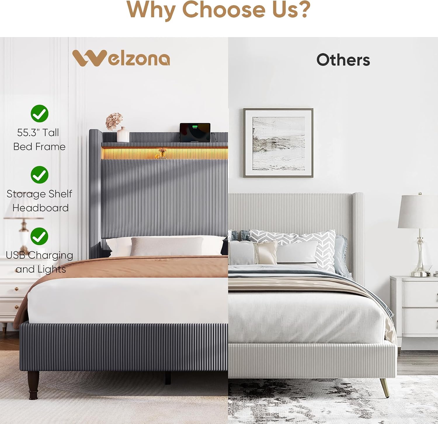 King Bed Frame with 55.3' Tall Headboard, Corduroy Upholstered Platform Bed with LED Lights & Charging Station, Wingback Storage Headboard, Solid Wood Slats,Noise Free,No Box Spring Needed,Dark Grey