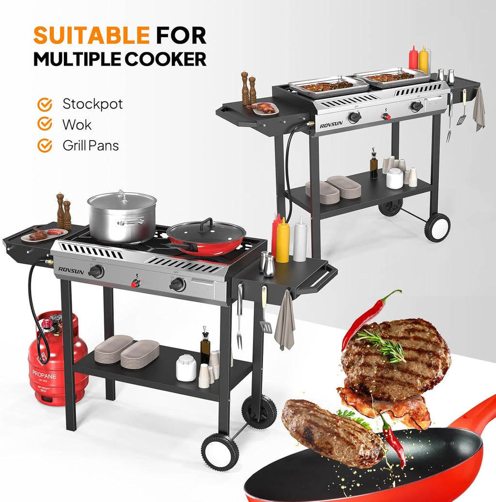 ROVSUN 2 Burner Outdoor Propane Gas Stove with Auto-ignition, Regulator & Shelf, 150,000 BTU Powerful Stand Cooker for Backyard Patio Cooking Home Brewing Canning Turkey Frying