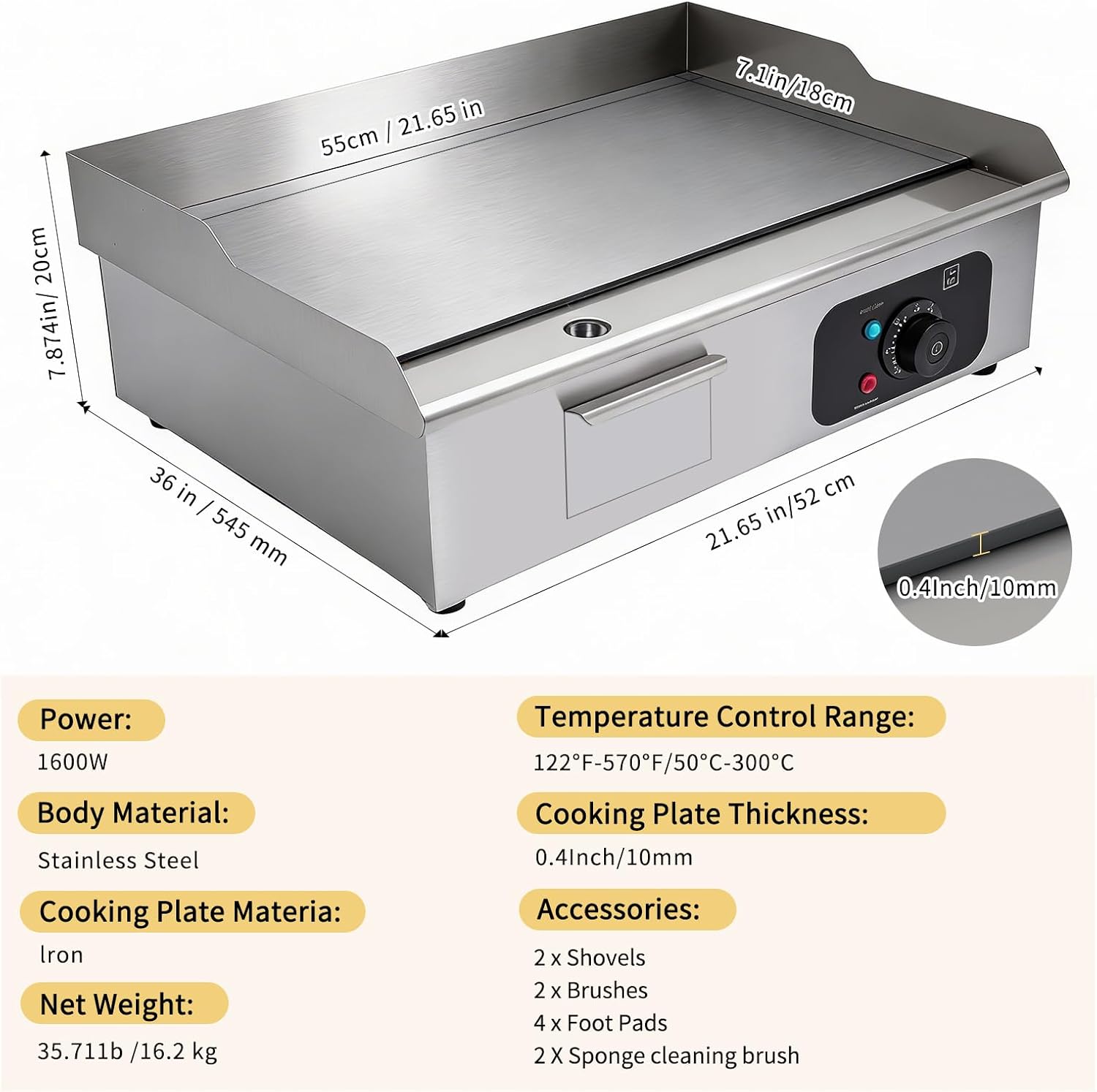 Commercial Electric Griddle 22', 1600W Countertop Flat Top Grill, Stainless Steel Griddle with 122-572°F Adjustable Temp & Removable Oil Basket for Restaurant Home Use