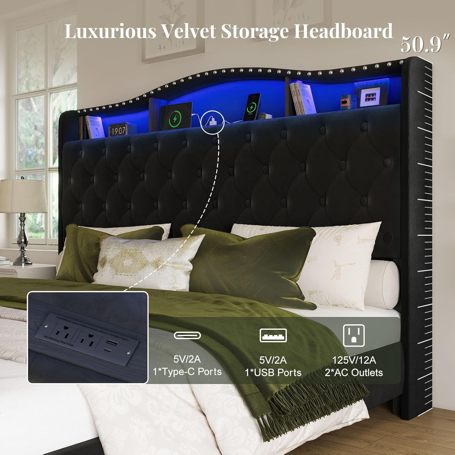 Belffin King Size Bed Frame and Headboard, 50.9' Velvet Upholstered Wingback Bedframe with LED Lights & Storage/Charging Station, Button Tufted Tall Footboard, No Box Spring Needed, Noise-Free, Black