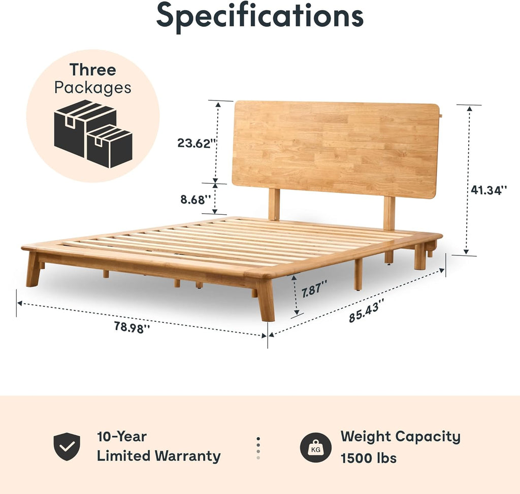 FLEXISPOT Hako G1 1500Ibs Solid Wood Platform Bed Frame King,Rubberwood,Tool-Free Fast Assembly,Low Profile Floating,Storage Shelf&Charging Station,Modern Scandinavian Japanese Minimalist, Natural Oak