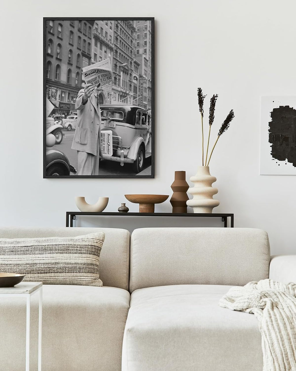 Vintage Black and White Street Photography Wall Art Man Holding Social Justice Newspaper 24x36 Inch Oak Wood Black Framed Mid Century Journalism Print for Study