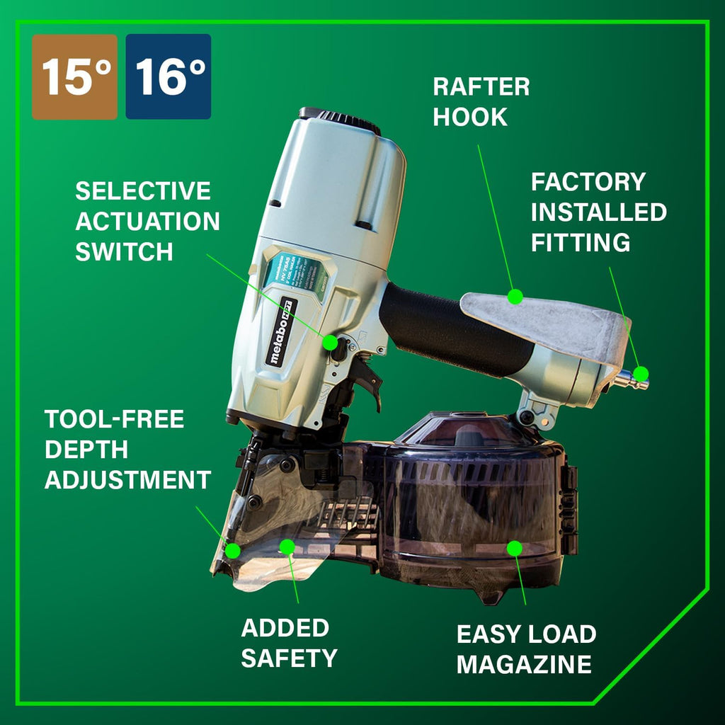 Metabo HPT Siding/Light Framing Coil Nailer, Pro-Preferred Pneumatic Power Nailers for Versatile Siding and Framing Tasks, Tool For 16° Wire 1-3/4'-3' and 15° Plastic to 1-3/4' - 2/14' Nails, NV75A5