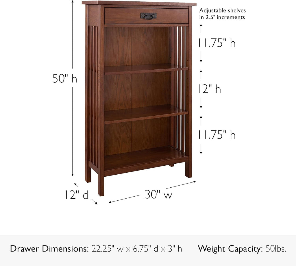Leick Home 82262 Mission Mantel Height Bookcase with Slatted Sides and Top Drawer, Made with Solid Wood, for Living Rooms, Mission Oak Finish, Brownbronze