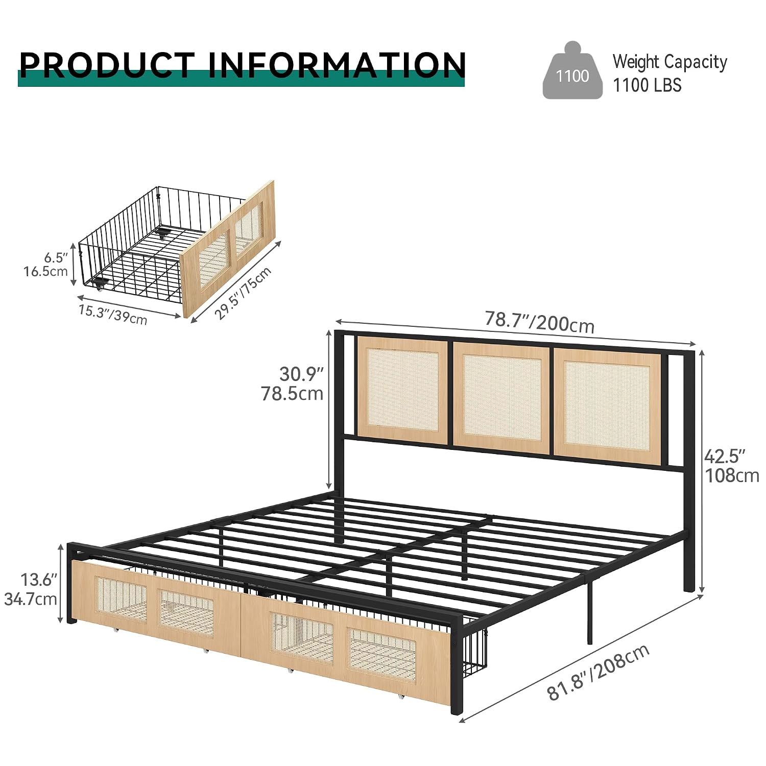 YITAHOME Natural Rattan King Bed Frame with Wooden Headboard and 2 Storage Drawers Underneath, Boho Cane Bed Platform Bed with Metal Slat, Noise Free, No Box Spring Needed,Wood
