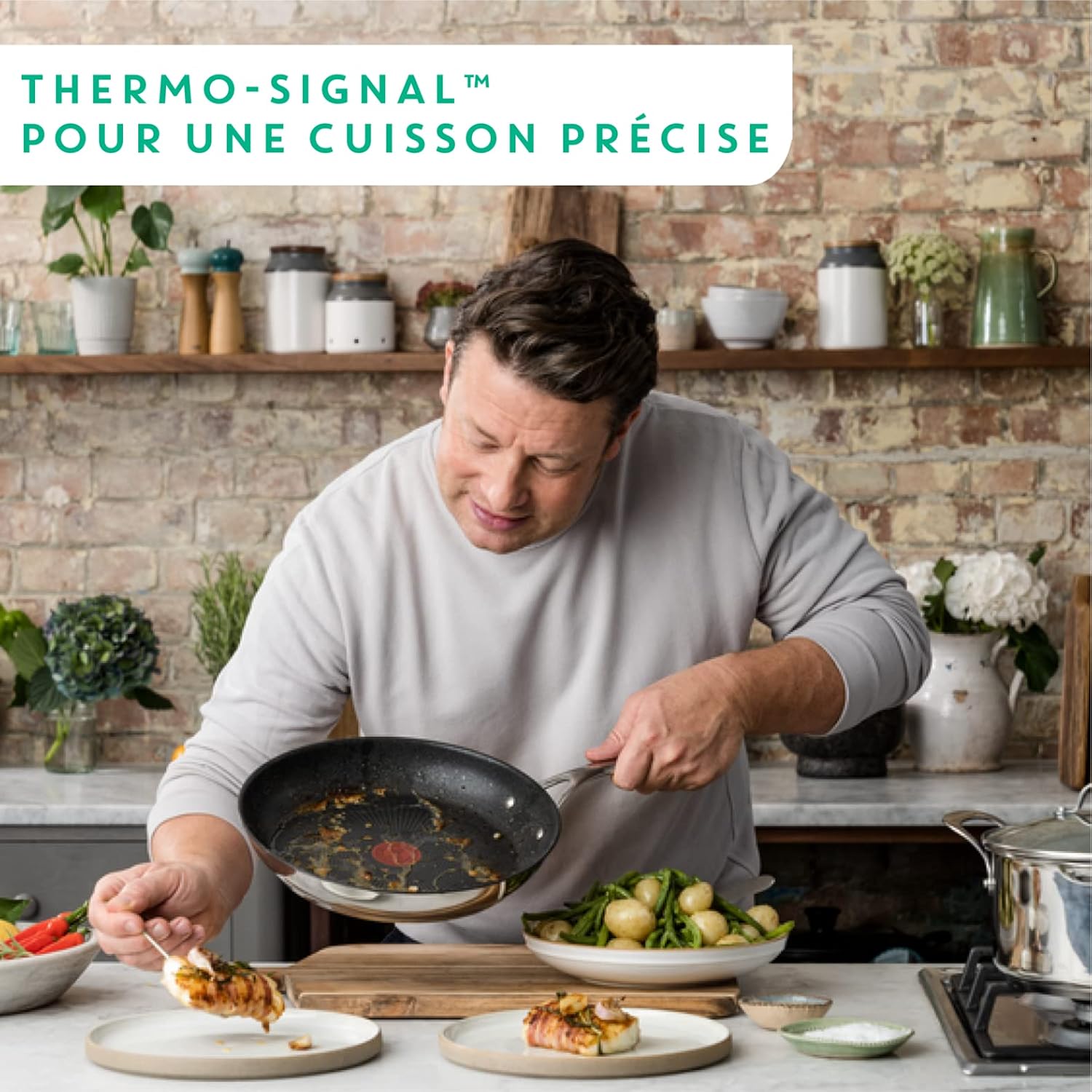 T-Fal x Jamie Oliver Nonstick Coated Stainless Steel Pans 8', 9.5' & 11', Frypan Set Induction Compatible, Oven Safe up to 500°F, Chef's Stainless Steel Skillet, Frying Pan, Silver